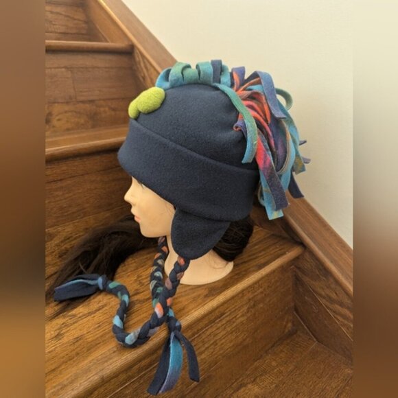Blue Fleece Hat with Mohawk Fringe Ear Flaps & Chin Strap Sz M adult Youth L/XL - Picture 3 of 8